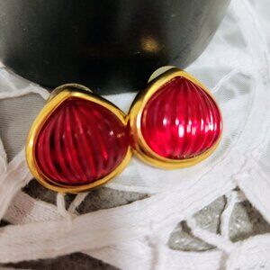 Red Costume Stud Earrings on Gold Tone Base Bright Bold Jewelry